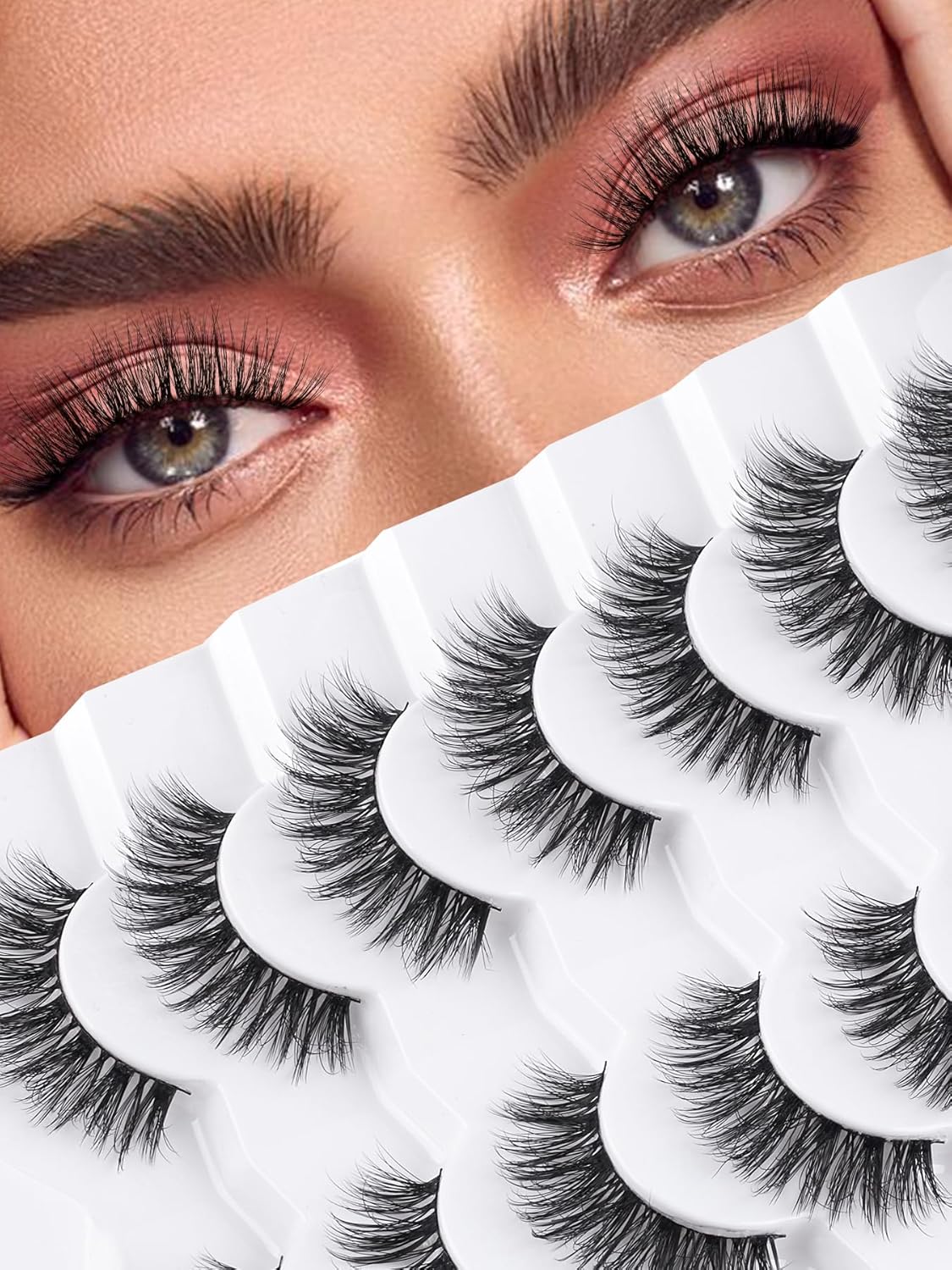 Wispy Lashes False Eyelashes Natural 16mm Fluffy Eyelashes Strip Lashes Pack 3D Volume Lashes 0.1MM Extra Thin Cotton Band Fake Eyelashes Soft Full Lashes C Curl Lashes Pack Siligli 7 Pair-FemmiqueWomen