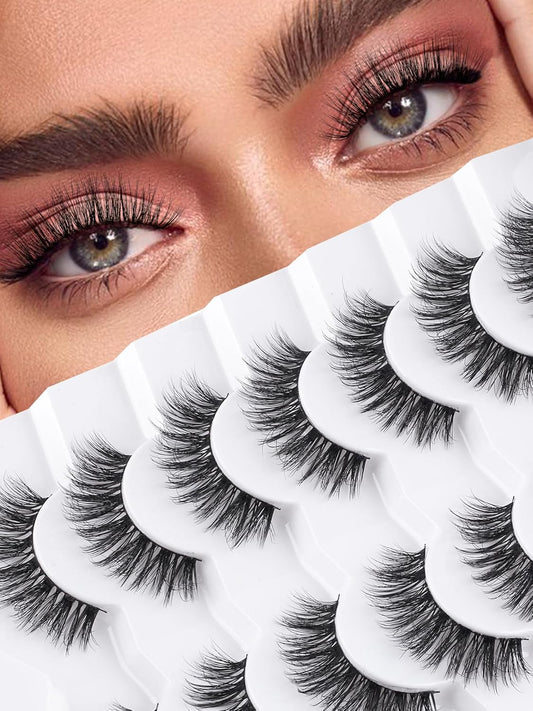 Wispy Lashes False Eyelashes Natural 16mm Fluffy Eyelashes Strip Lashes Pack 3D Volume Lashes 0.1MM Extra Thin Cotton Band Fake Eyelashes Soft Full Lashes C Curl Lashes Pack Siligli 7 Pair-FemmiqueWomen