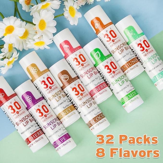 SPF 30 Lip Balm with Sunscreen, SPF Lip Balm Bulk Travel Size-32 Pack, Hydrating Lip Balm Pack with Vitamin E and Coconut Oil- 8 Flavors-FemmiqueWomen