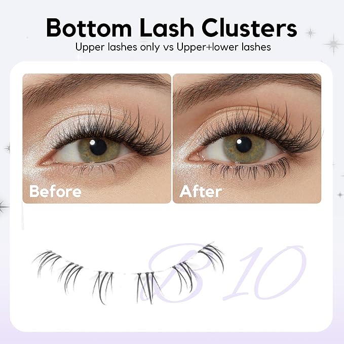 GAQQI Bottom Lash Clusters Natural Bottom Lashes Clear Band, DIY Lash Extensions Lower Lashes, Soft & Comfortable Thin Band Bottom Eyelashes Wispy Daily Style 5mm+6mm 48pcs(B10)-FemmiqueWomen