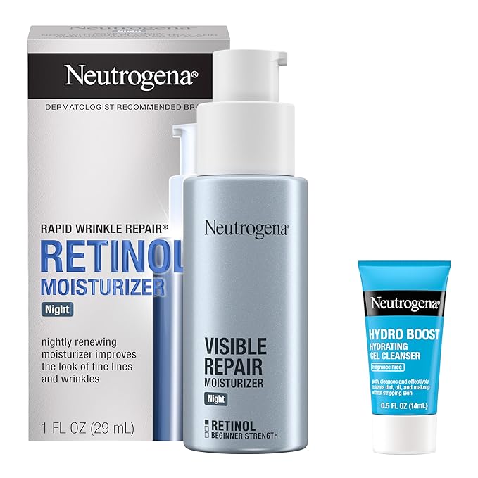 Neutrogena Rapid Wrinkle Repair Retinol Face Moisturizer Night Cream, Anti-Aging Face Cream with Retinol & Hyaluronic Acid, 1 fl. oz + Trial Size Hydro Boost Facial Cleanser, 0.5 fl. oz-FemmiqueWomen