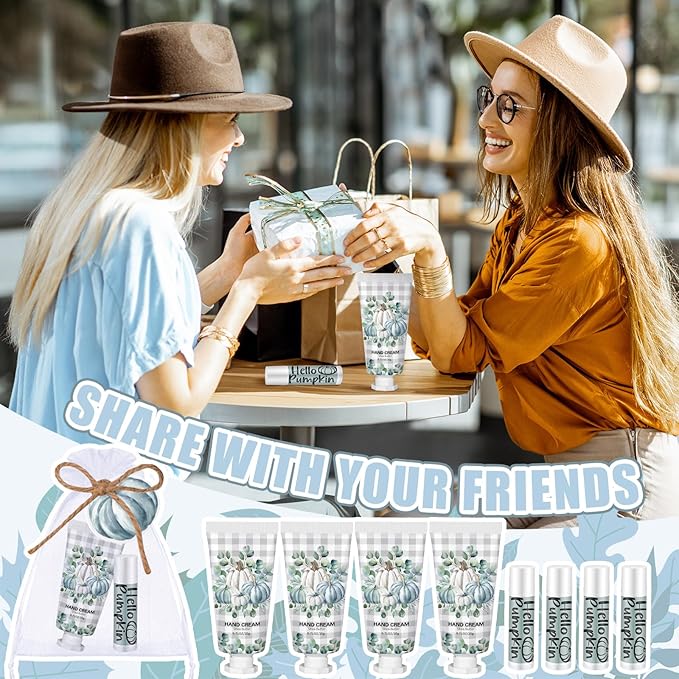 144 Pcs Fall Lip Balm Hand Cream Set Party Favors, Include 36 Blue Pumpkin Lip Balm 36 Moisturizing Hand Cream 36 Bags 36 Cards and Ropes for Autumn Accessories Gifts-FemmiqueWomen