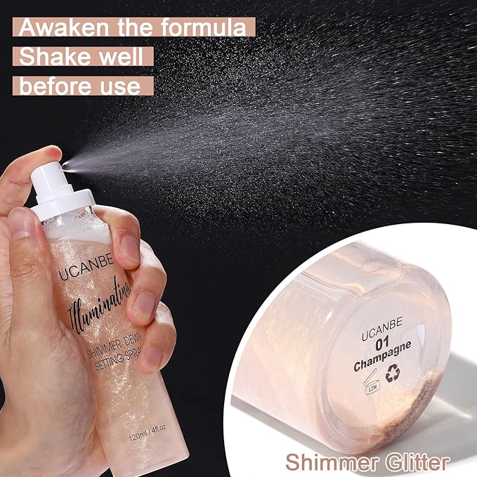 UCANBE Shimmer Dewy Setting Spray – Glowing + Makeup Setting Spray 2 in 1 Lightweight Formula for a Radiant Glow,Long-Lasting Face Mist for Face Body, 4 Fl Oz #Champagne-FemmiqueWomen