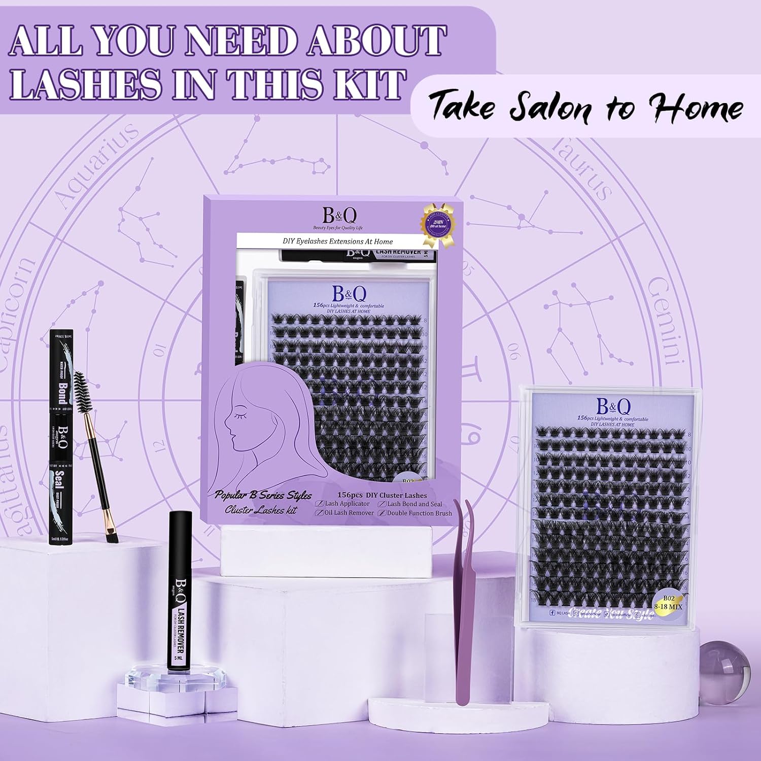 Lash Extension Kit B02 Eyelash Extension Kit B&Qaugen DIY Lash Extension Kit 156 PCS Lash Clusters 8-18mm Cluster Eyelash Extensions Kit with Lash Bond and Seal Lash Applicator Tool (Kit,B02)-FemmiqueWomen