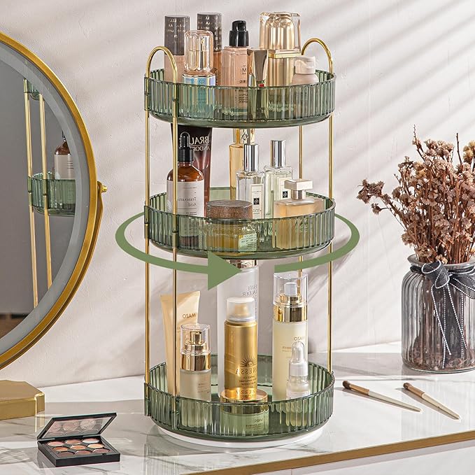 Rotating Makeup Organizer for Vanity, High-Capacity Skincare Clear Make Up Storage Perfume Organizers Cosmetic Dresser Organizer Countertop 360 Spinning (Green, 3 Tier)-FemmiqueWomen