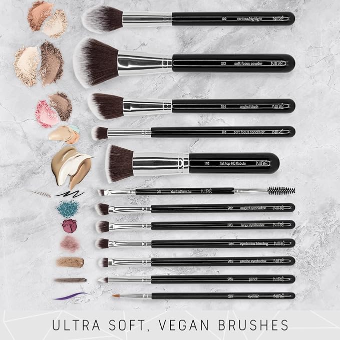 Niré Beauty 15piece Award Winning Professional Makeup Brush Set: Vegan Makeup Brushes with Case, Makeup Sponge, Brush Cleaner, Guide, Gift Box-FemmiqueWomen