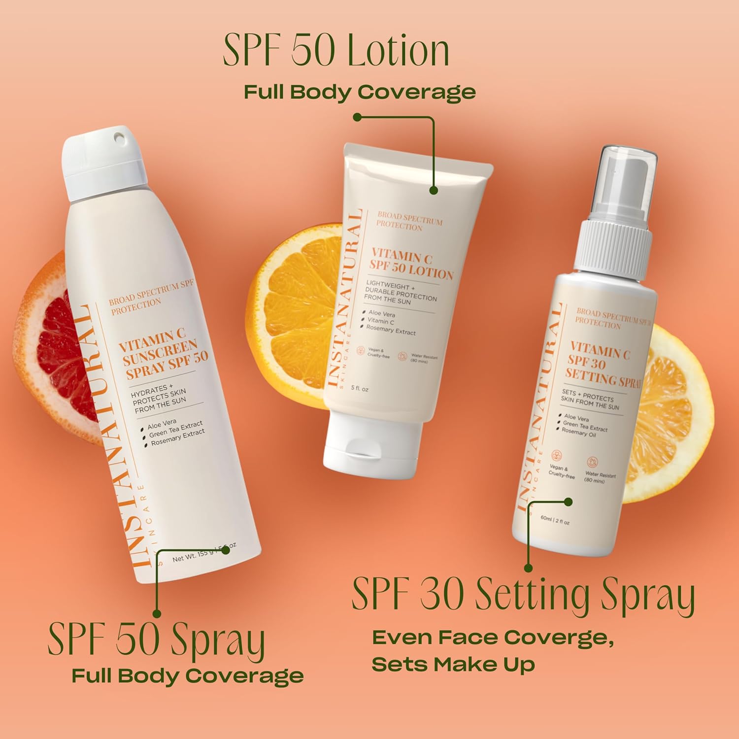 InstaNatural Skin Care Vitamin C SPF 30 Broad Spectrum Sunscreen Make Up Setting Spray, Brightens & Hydrates, UVA, UVB Sun Protection Sunblock, with Aloe Vera & Botanicals, Pump Bottle, 2 Fl Oz-FemmiqueWomen