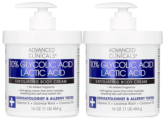 Advanced Clinicals 10% Glycolic Acid + Lactic Acid Lotion Exfoliant Moisturizing Cream With Hyaluronic Acid Moisturizer | AHA Exfoliating Body Cream Improves Look Of Uneven Rough Skin Texture, 2-Pack-FemmiqueWomen