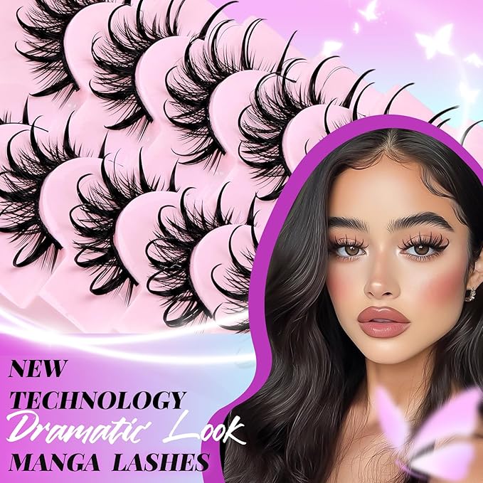 Losha Lashes Spiky Manga Lashes Wet Look Dramatic False Eyelashes 10 Pairs D Curl Cat Eye Lashes Kit with Lash Glue and Lash Tweezers Cosplay Anime Fake Eyelashes (Daring)-FemmiqueWomen