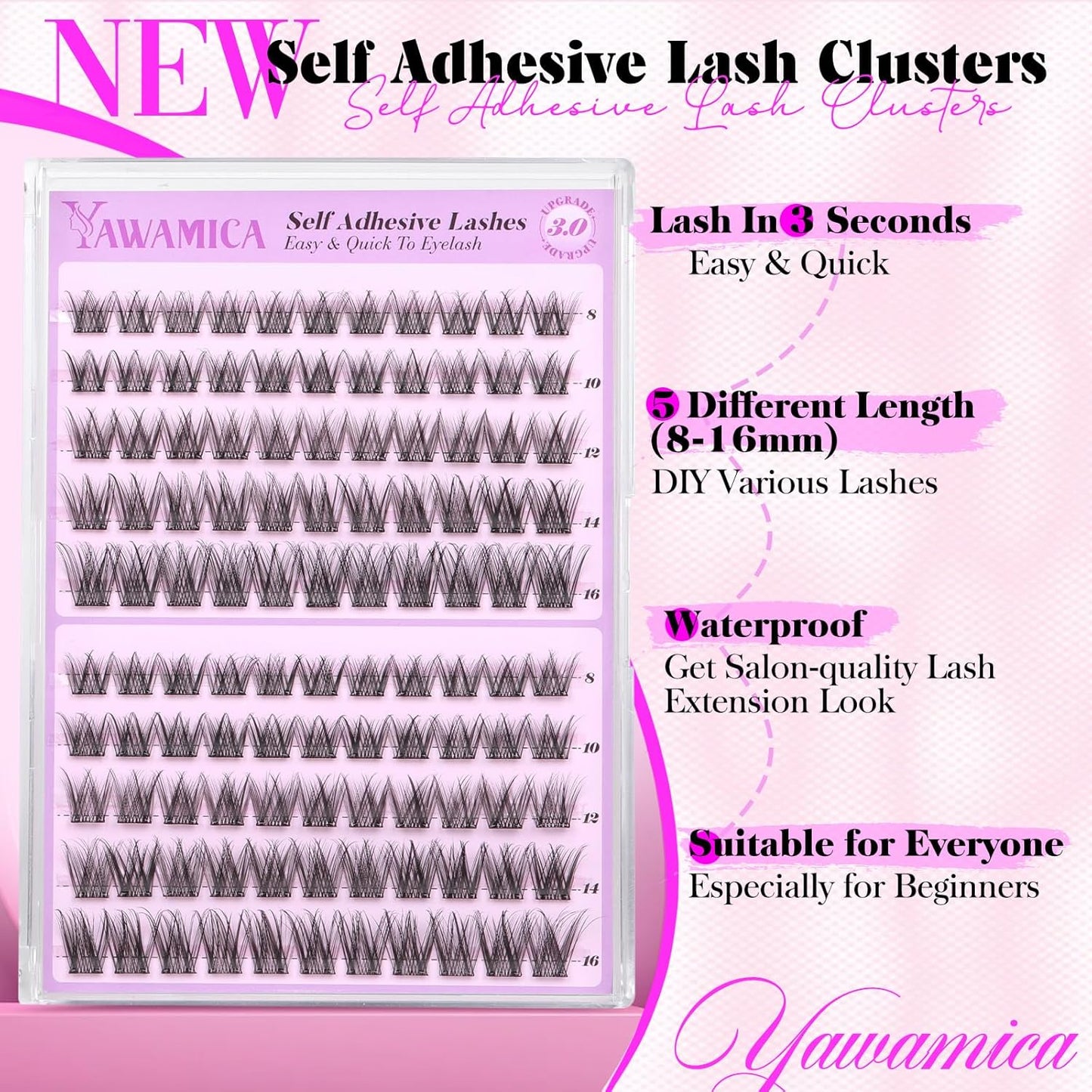 Yawamica Self Adhesive Eyelashes Wispy Lash Clusters No Glue Needed DIY Lash Extension 8-16mm Pre-Glued Eyelash Clusters Reusable Press on Lashes Natural C Curl Individual Lashes DIY Lash for Beginner-FemmiqueWomen