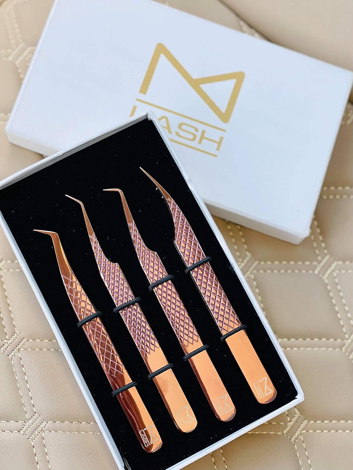 M LASH Eyelash Extension Tweezers (Set of 4) - Professional & Precision Lash Tweezers for Eyelash Extensions - Japanese Steel, Diamond Grip, Fiber Tip V3 (Rose Gold)-FemmiqueWomen