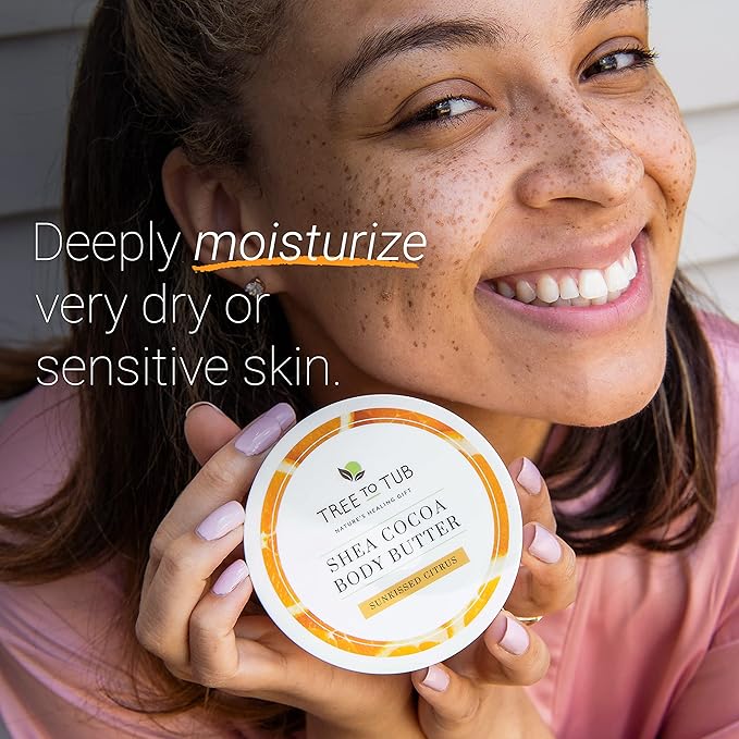Tree to Tub Shea Body Butter for Dry, Extremely Dry, Sensitive Skin - Moisturizing Body Cream for Women & Men, Hydrating Body Lotion Moisturizer w/Vitamin C, Organic Cocoa, All Natural Citrus Scent-FemmiqueWomen
