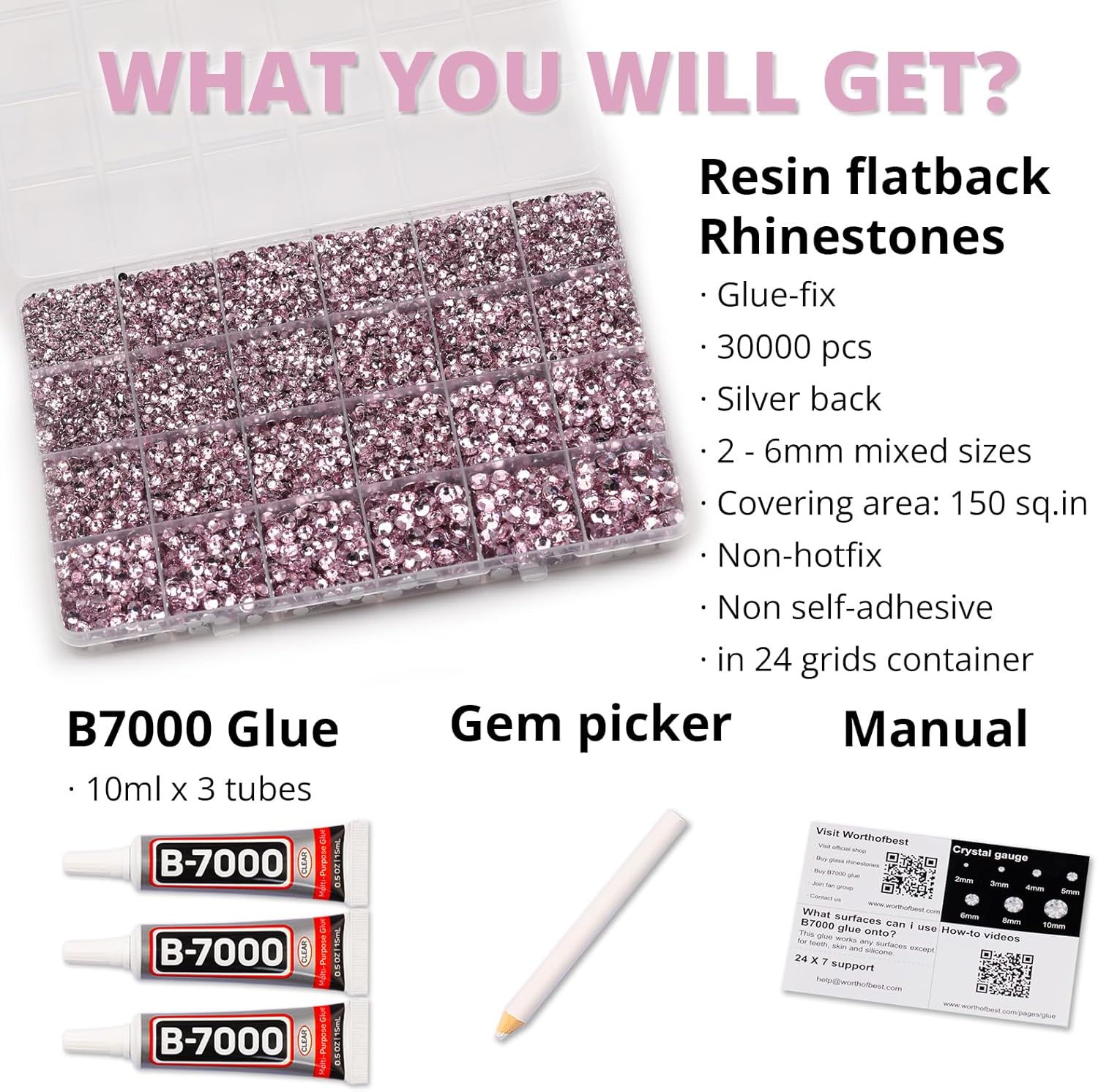 30000Pcs Resin Rhinestones Set for Crafting Bedazzling, Light Pink Flatback Gems Jewels for Crafts Clothes Shoes Fabric Outfit Nails Makeup, Flat Back Crystal 2-6mm with b 7000 Glue-FemmiqueWomen