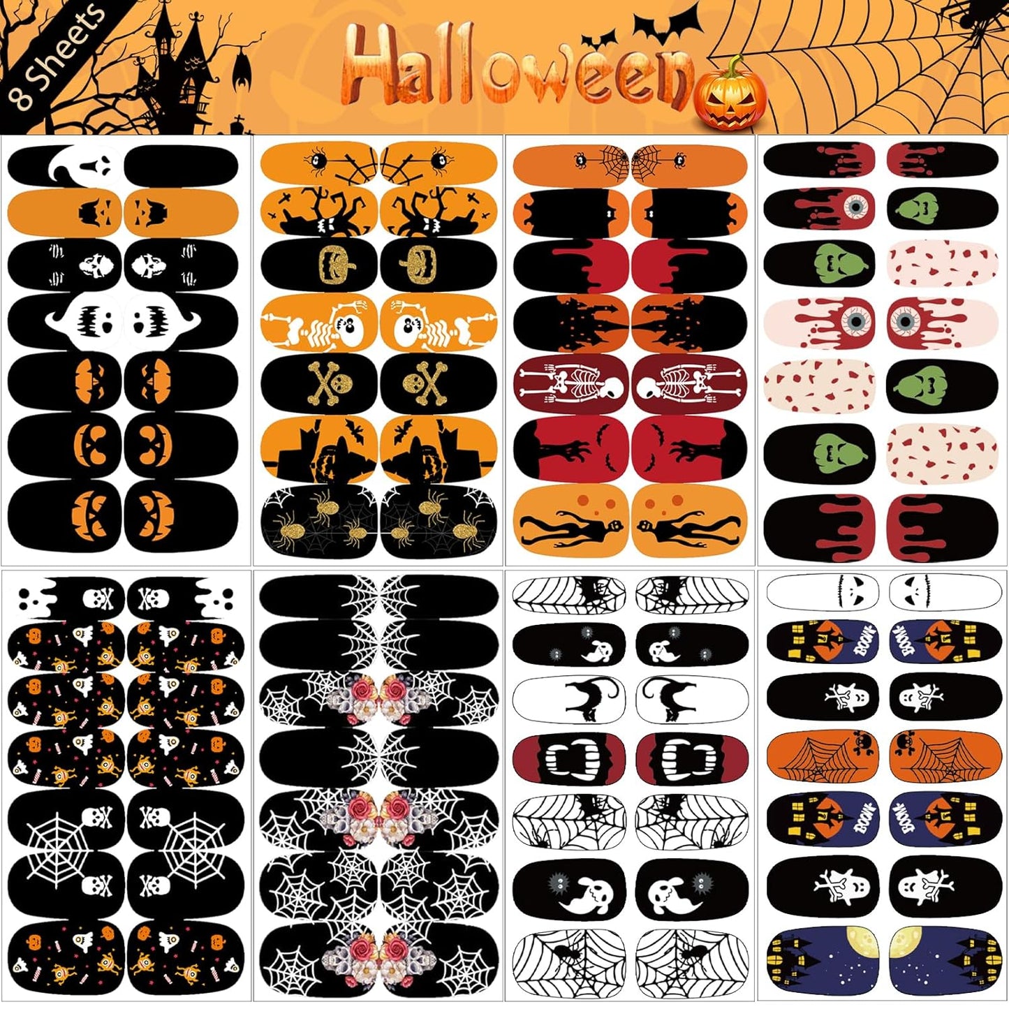 16 Sheets Holiday Nail Wraps Stickers, Halloween&Thanksgiving Day All Seasonal Full Nail Polish Strips, DIY Self-Adhesive Fall Winter Nail Art Decals with 2 Piece Nail Files for Party Decor (224 Pcs)-FemmiqueWomen