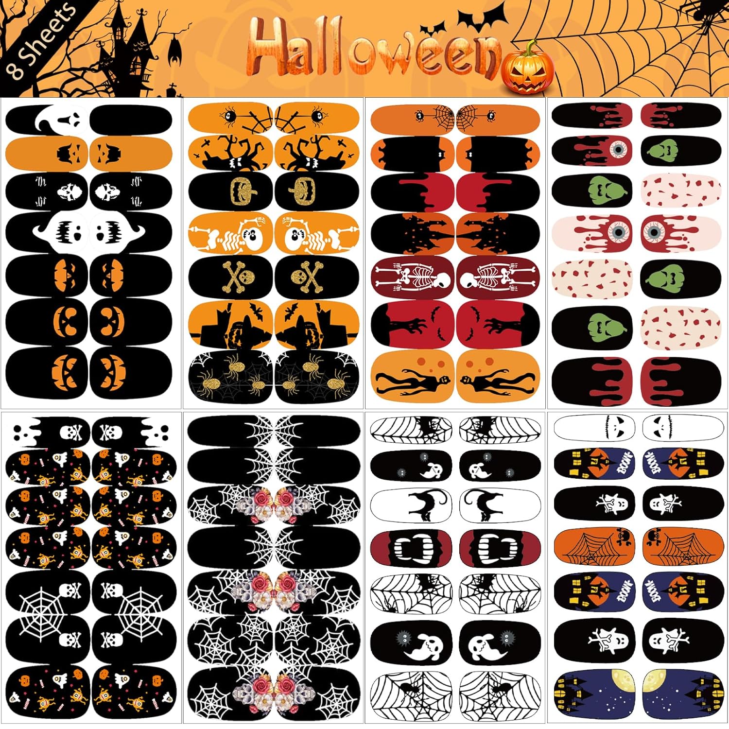 16 Sheets Holiday Nail Wraps Stickers, Halloween&Thanksgiving Day All Seasonal Full Nail Polish Strips, DIY Self-Adhesive Fall Winter Nail Art Decals with 2 Piece Nail Files for Party Decor (224 Pcs)-FemmiqueWomen