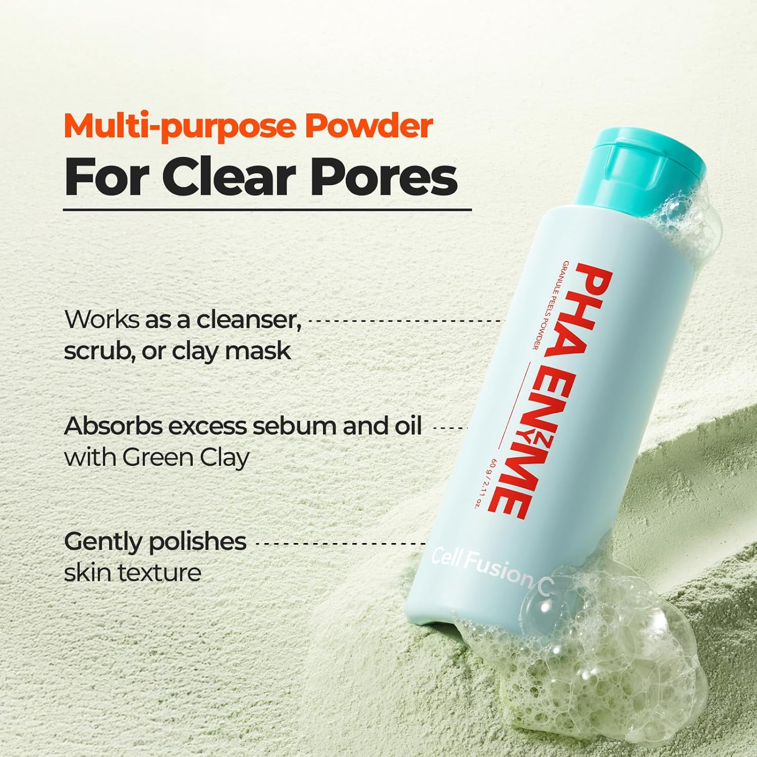 Cell Fusion C PHA Enzyme Granule Peels Cleansing Powder – Multi-Purpose Powder Cleanser for Blackhead Removal & Sebum Control, Exfoliation for Smooth Skin, 2.11 oz / 60g-FemmiqueWomen
