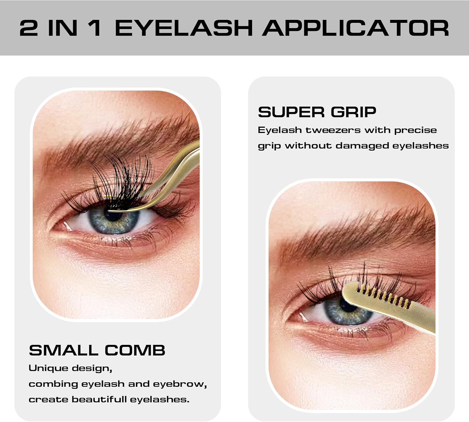 2 in 1 Lash Tweezer with Comb, Eyelash Extension, Stainless Steel Elbow Tweezers, Precise Eyebrow Tweezers Tool, Lashes Tweezer Applicator for DIY Applying False Eyelashes Clusters, Gold-FemmiqueWomen