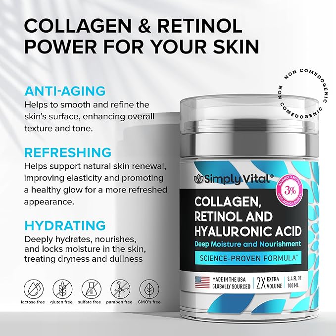 SimplyVital Collagen, Retinol & Hyaluronic Acid Cream - Anti-Aging Retinol Cream for Face, Neck & Décolleté - Made in USA - Daily Moisturizer Face Cream - 3.38 fl oz-FemmiqueWomen
