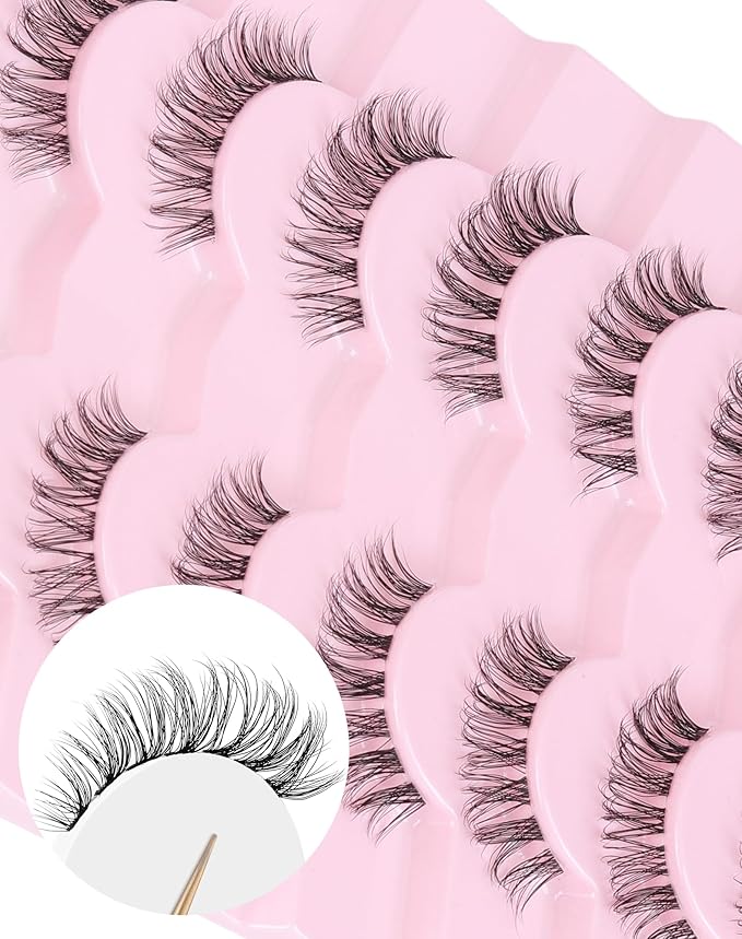 Wispy lashes natural look false eyelashes C curl fake lashes 3d Fluffy eye lashes clear band lashes Pack 7 Pairs-FemmiqueWomen