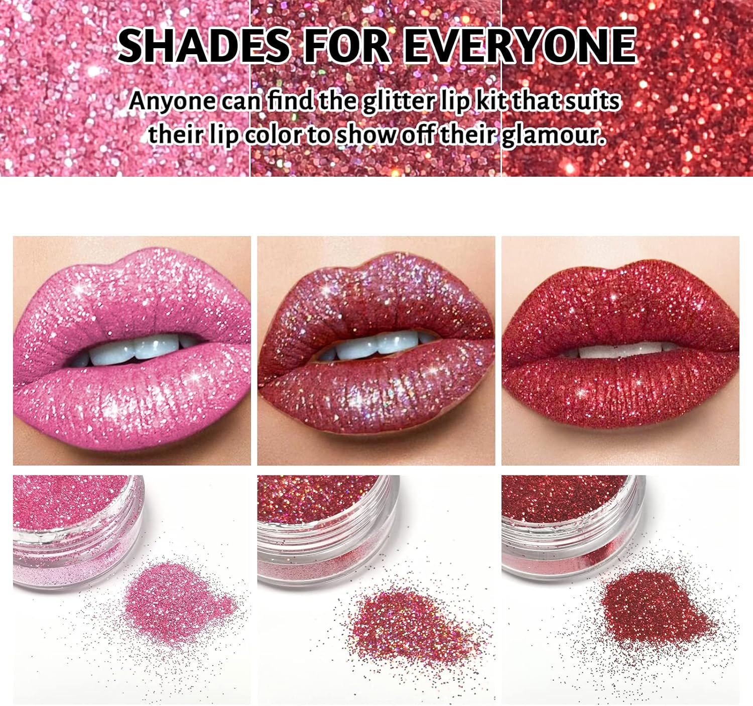 3 Colors Glitter Lip Kit, Diamond and Glitter Metallic Lip Powder with Lip Primer, Waterproof Long Lasting & Smudge Proof, Shimmer Sparkly Glitter Lip Cosmetic without Sticky Flake Off Set A-FemmiqueWomen
