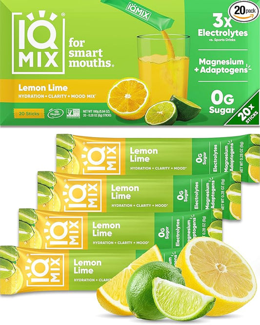 IQMIX Hydration Electrolyte Powder – 4-in-1 Formula for Hydration, Mental Clarity, Mood and Recovery – Sugar-Free Drink Mix, Keto, Magnesium L-Threonate, Lion’s Mane – 20 Count Lemon Lime-FemmiqueWomen