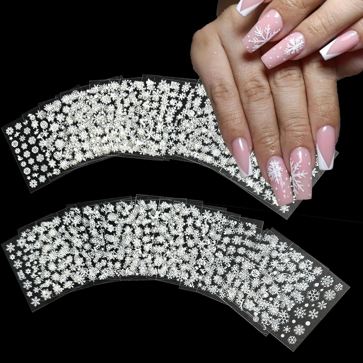 30 Sheets Christmas Nail Art Stickers 3D Self-Adhesive Snowflake Holiday Nail Stickers White Snowmen Santa Claus Elk Decals Decorations Supplies for Women (Snowflake)-FemmiqueWomen