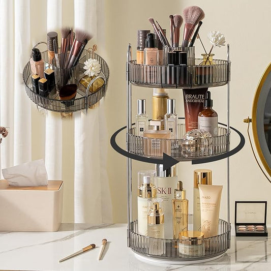 Rotating Makeup Organizer for Vanity, High-Capacity Skincare Clear Make Up Storage Perfume Organizers Cosmetic Dresser Organizer Countertop 360 Spinning (Gray, New-3 Tier)-FemmiqueWomen