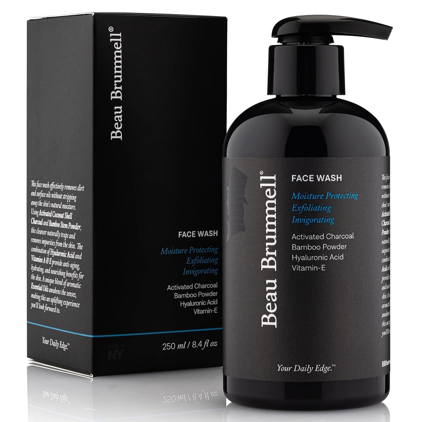 Beau Brummell for Men's Activated Charcoal Face Wash | Gentle Exfoliating Cleanser with Hyaluronic Acid, Bamboo Powder, Marine Plankton Extract, Vitamins A & E | 8 fl oz, Made in USA-FemmiqueWomen