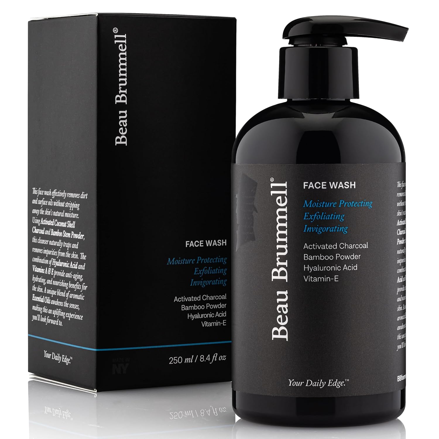 Beau Brummell for Men's Activated Charcoal Face Wash | Gentle Exfoliating Cleanser with Hyaluronic Acid, Bamboo Powder, Marine Plankton Extract, Vitamins A & E | 8 fl oz, Made in USA-FemmiqueWomen