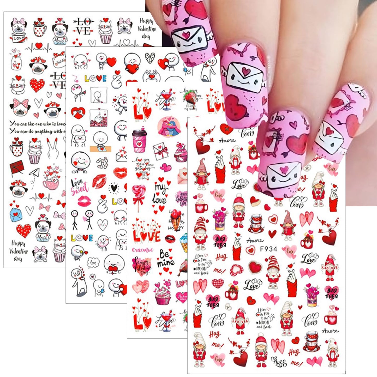 10 Sheets Valentines Day Nail Art Stickers 3D Heart Nail Decals Self-Adhesive Nail Art Design Decals Nail Supplies Red Pink Rose Sexy Lips Love Gnome Nail Stickers for Women DIY Manicure Decoration-FemmiqueWomen