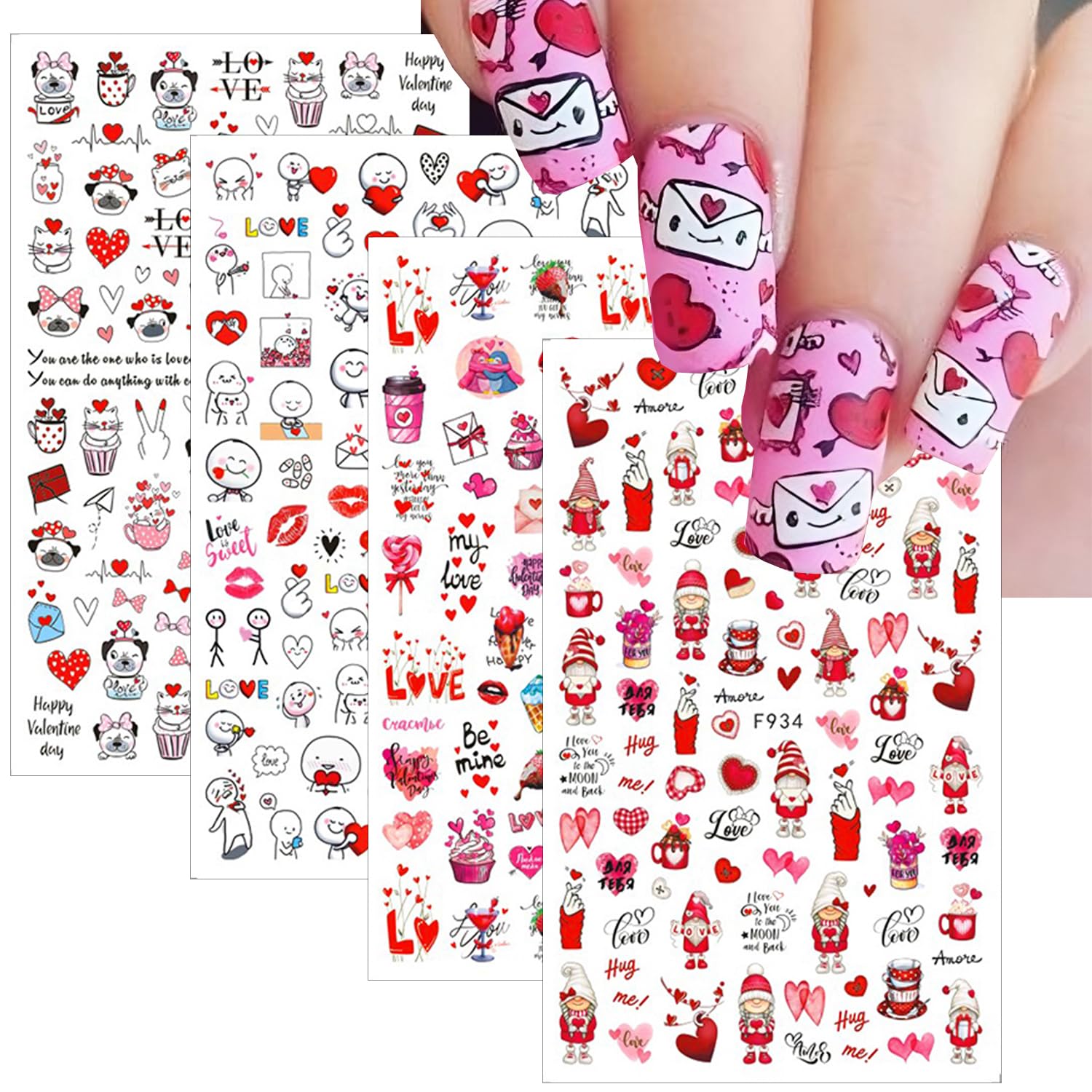 10 Sheets Valentines Day Nail Art Stickers 3D Heart Nail Decals Self-Adhesive Nail Art Design Decals Nail Supplies Red Pink Rose Sexy Lips Love Gnome Nail Stickers for Women DIY Manicure Decoration-FemmiqueWomen