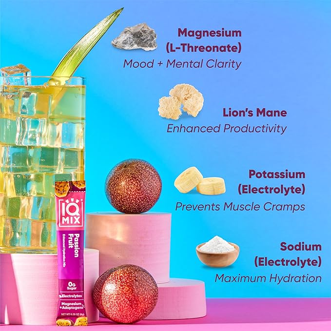 IQMIX Hydration Electrolyte Powder – 4-in-1 Formula for Hydration, Mental Clarity, Mood and Recovery – Sugar-Free Drink Mix, Keto, Magnesium L-Threonate, Lion’s Mane – 40 Count Passion Fruit-FemmiqueWomen