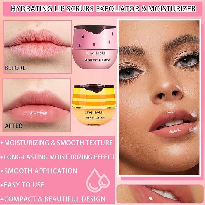 2PCS Bee Lip Balm,Hydrating Honey Pot Lip Balm with Stick,Non-Greasy Silky Sleeping Lip Mask Set,Long Lasting Lip Scrubs Moisturizer for Dry Cracked Lips（Honey ＋Strawberry）-FemmiqueWomen