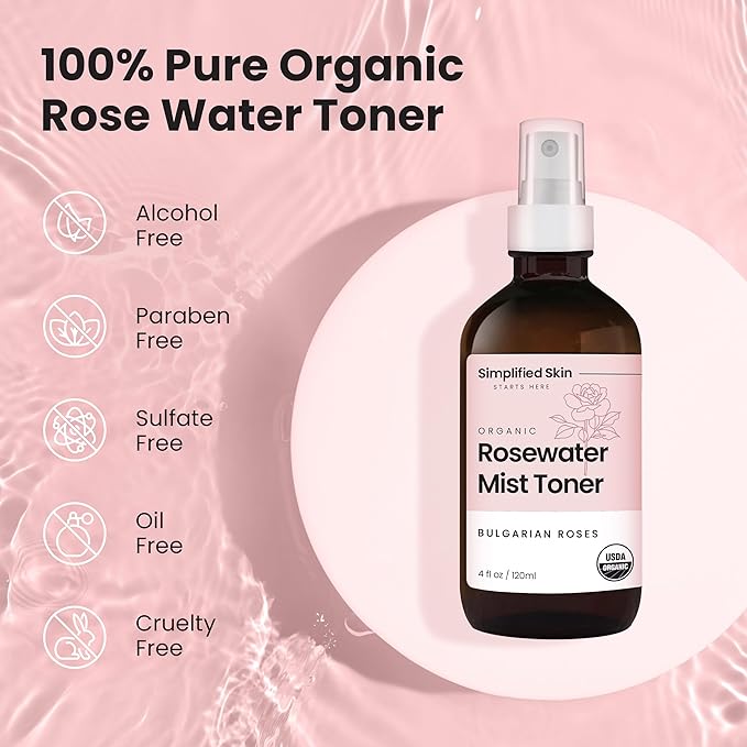 Rose Water Spray for Face & Hair - Organic USDA Certified Rosewater Facial Toner - Alcohol-Free Makeup Setting Hydrating Face Mist - Anti-Aging Toner Spray - 4 Oz-FemmiqueWomen