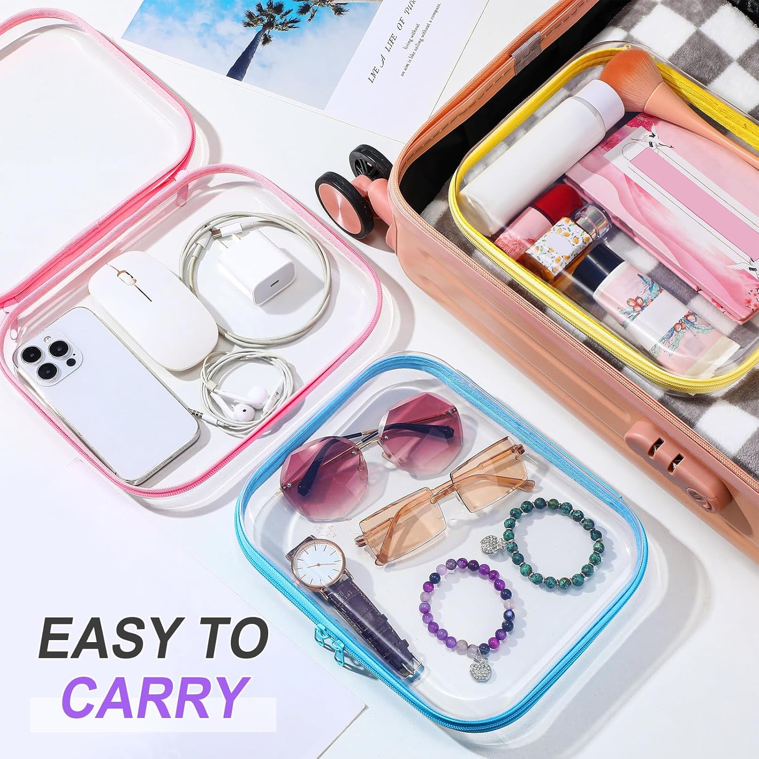 Sanwuta 6 Pcs Clear Hard Zipper Case Pencil Pouches Hard Plastic Zipper Pouches Makeup Bag Transparent Cases for Snacks Plastic Storage Organizer Box for Travel(Colorful,9.84 x 7.87 x 2 Inch)-FemmiqueWomen
