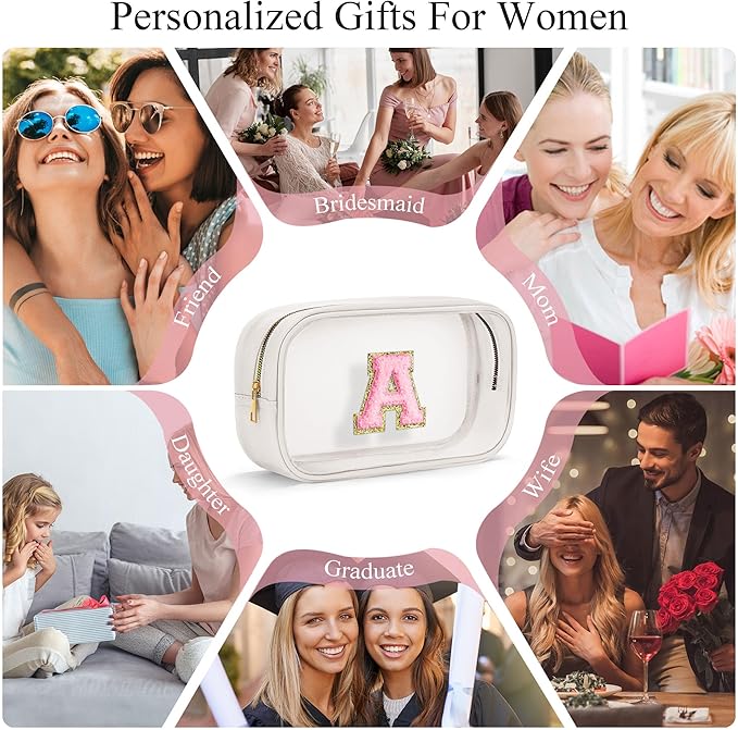 YOOLIFE Initial Makeup Bag Travel Toiletry Bag Clear Makeup Bag Preppy Cosmetic Bag Gifts for Girls Kids Graduation Gifts Birthday Gifts for Girls Kids Birthday Gifts Swim Gifts White L-FemmiqueWomen