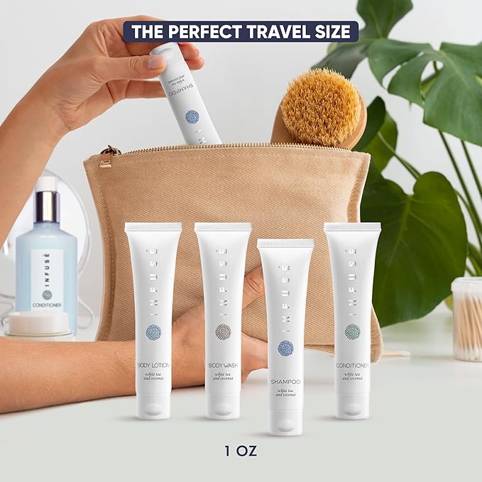 Infuse White Tea & Coconut Hotel Toiletries Bulk Set | 1-Shoppe Amenities Kit | 1oz Shampoo & Conditioner, Body Wash, Lotion | Travel Size | 80 Pieces-FemmiqueWomen