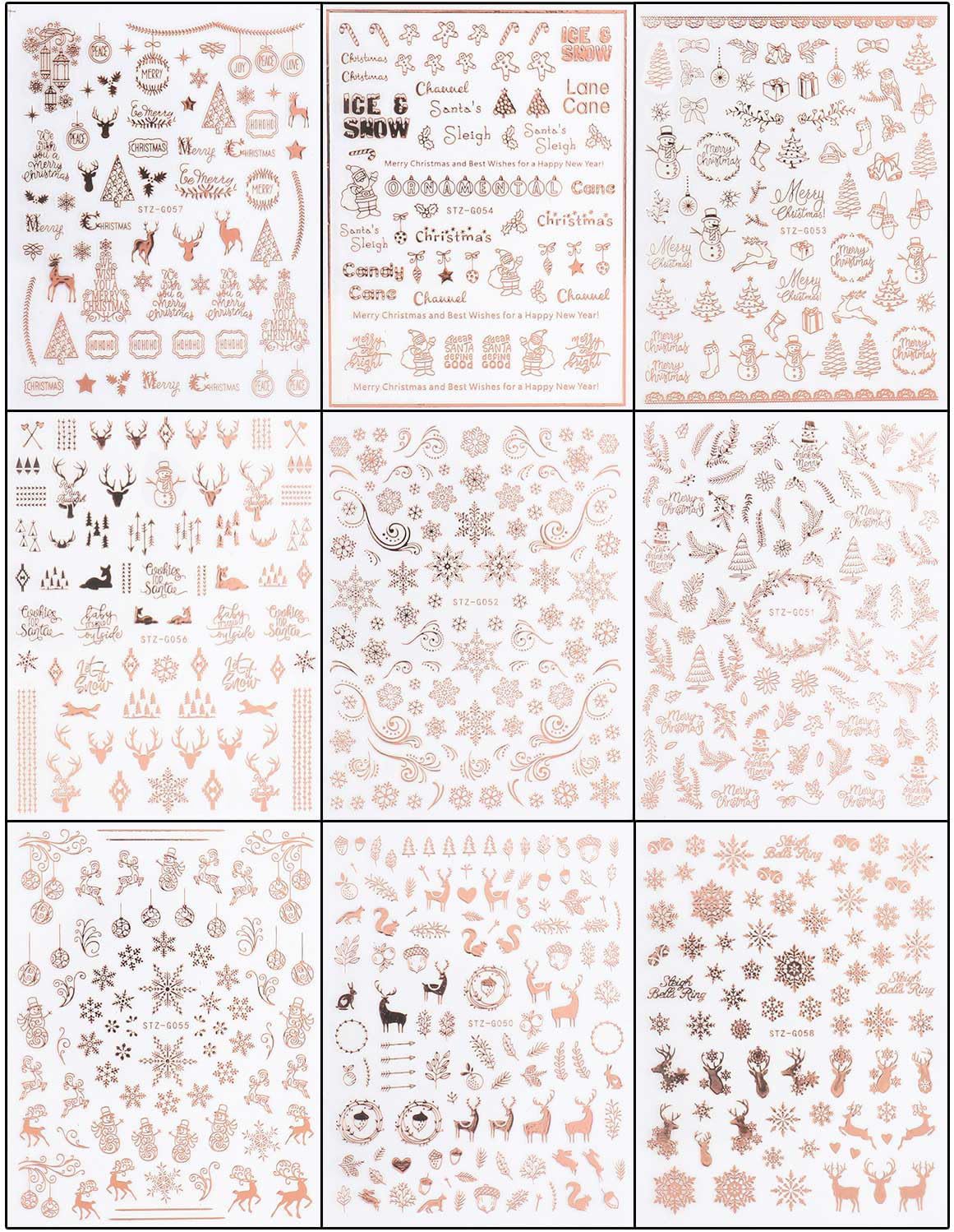 JMEOWIO 9 Sheets Christmas Nail Art Stickers Decals Self-Adhesive Pegatinas Uñas Navidad Rose Gold Winter Holiday Xmas Snowflake Nail Supplies Nail Art Design Decoration Accessories-FemmiqueWomen