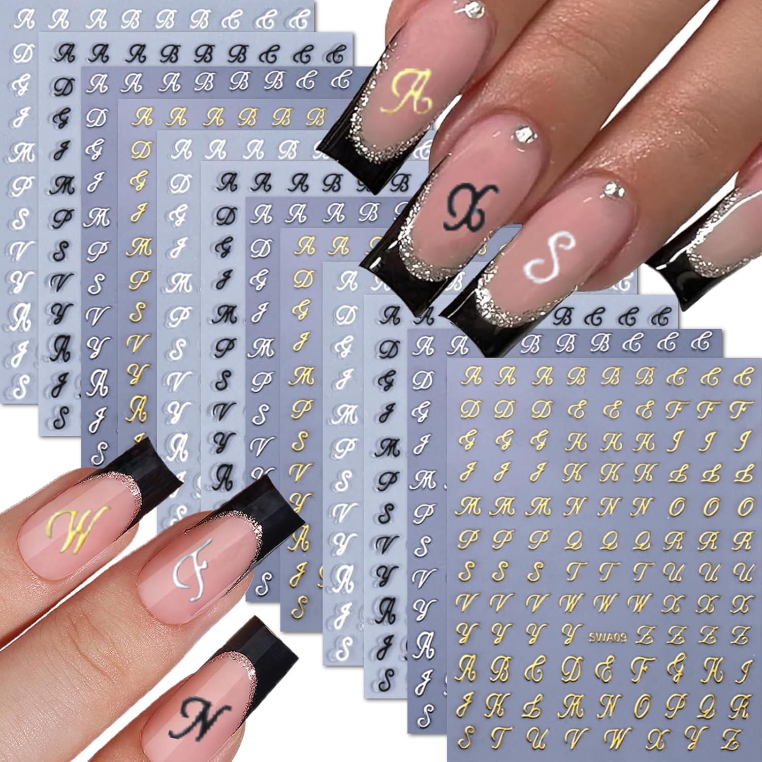 12 Sheets Letter Nail Art Stickers Decals 3D Self Adhesive Letter Nail Stickers for Nail Art Black White Silver Gold Retro English Nail Decals Letters Nail Design Nail Art Supplies-FemmiqueWomen