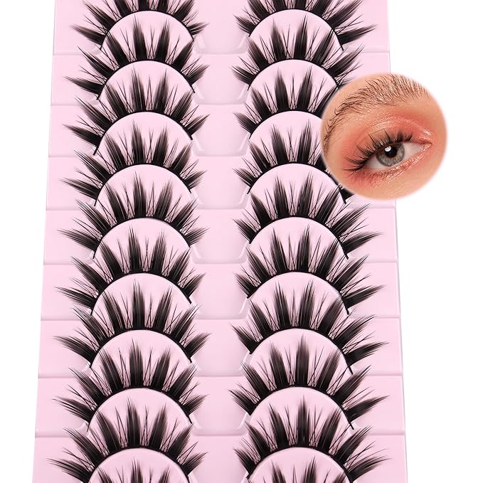 False Eyelashes 10 Pairs Manga Lashes Japanese Style Anime Thick Cosplay Lashes Natural Look 16MM Spiky 8D Wispy Faux Mink Lashes Full Strip Doll Lashes by FANXITON-FemmiqueWomen