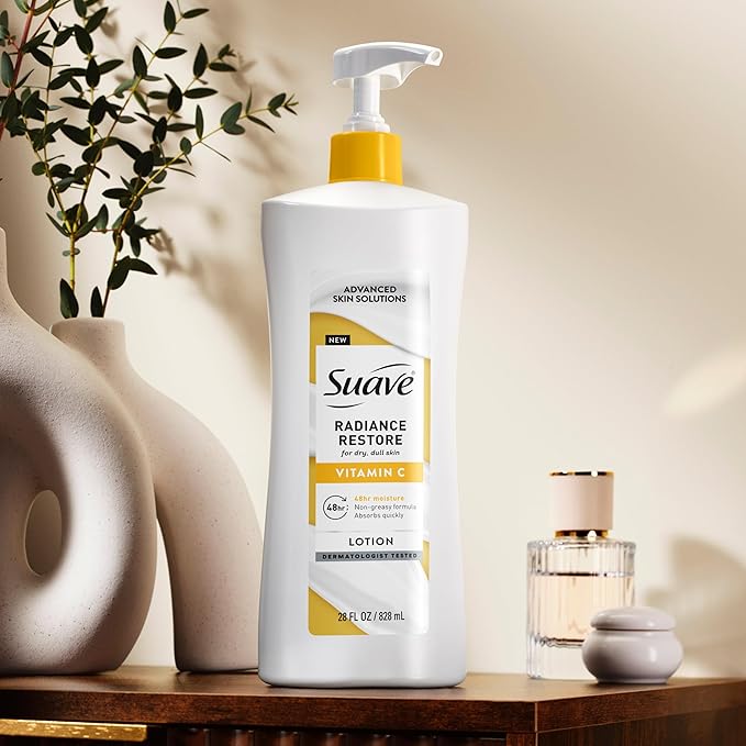 Suave Radiance Restore Hand & Body Lotion For Women With Vitamin C, Brighten & Hydrate Dry, Dull Skin, Non Greasy, Moisturizing Cream Evens Skin Tone, Allergen Free, 28 FL OZ Pump, 4 Pack-FemmiqueWomen