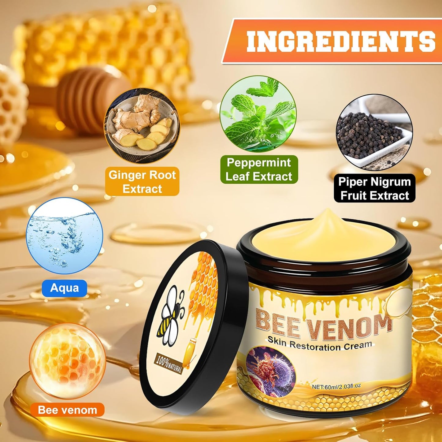 Bee Venom Skin Restoration Cream,Professional Bee Venom Skin Treatment Cream,Bee venom Comprehensive cream,Effectively Firms skin and Anti-Wrinkle Moisturizing (2Pcs)-FemmiqueWomen