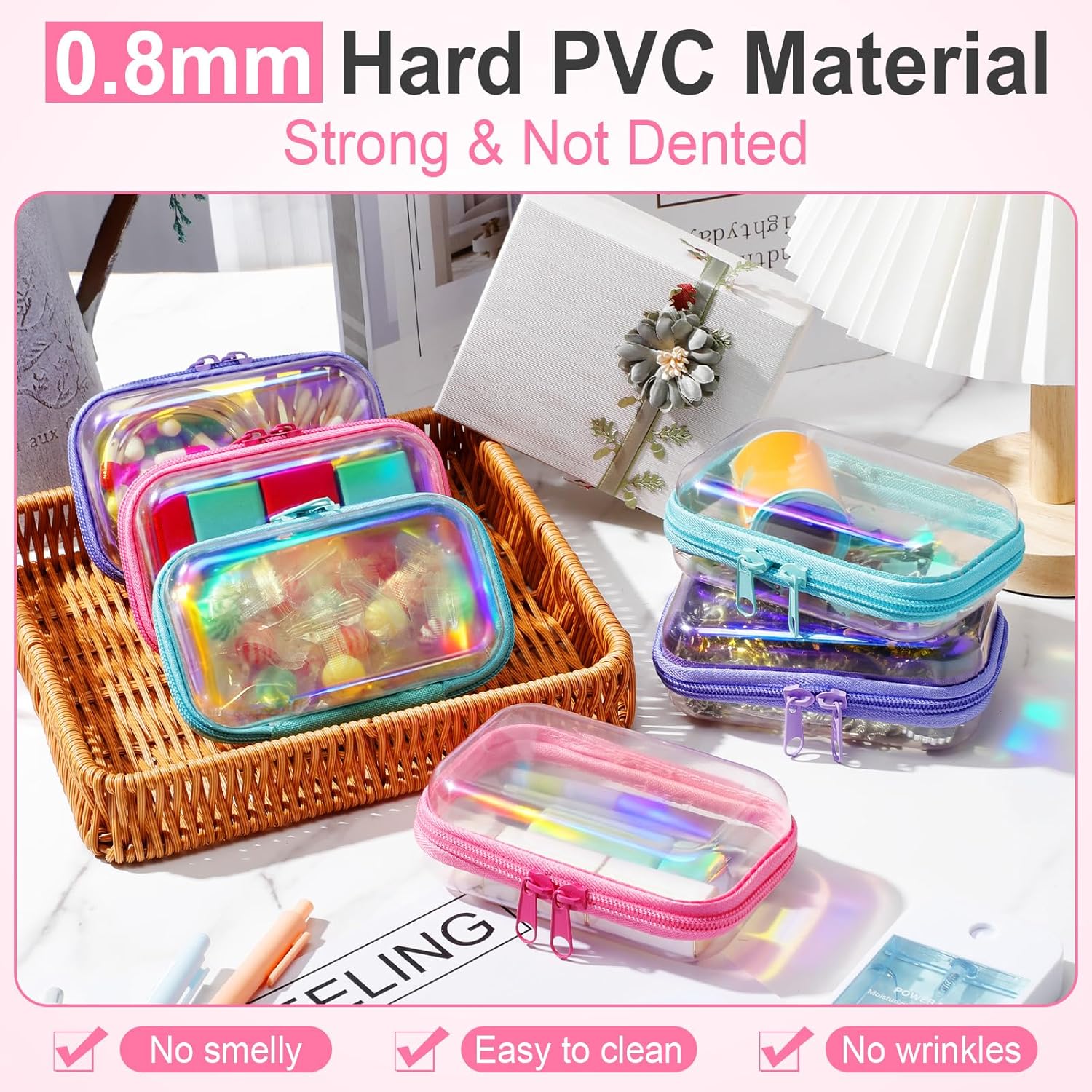 Sanwuta 6 Pcs Clear Hard Zipper Case Pencil Pouches Hard Plastic Zipper Pouches Makeup Bag Transparent Cases for Snacks Plastic Storage Organizer Box for Travel(Holographic,5 x 3 x 2 Inch)-FemmiqueWomen