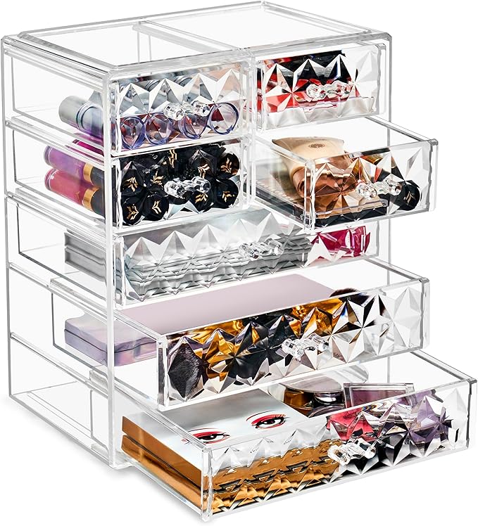 Sorbus Acrylic Makeup Organizer - Organization and Storage Case for Cosmetics Make Up & Jewelry - Big Clear Makeup Organizer for Vanity, Bathroom, College Dorm, Closet, Desk (3 Large, 4 Small Drawers)-FemmiqueWomen