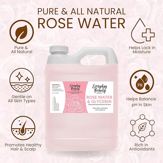 Rose Water & Glycerin Enhanced Facial Toner - 32oz Bulk Alcohol-Free Vegan All Natural Refreshing for Face and Hair - Uplifts, Calming & Soothing for All Skin Types…-FemmiqueWomen