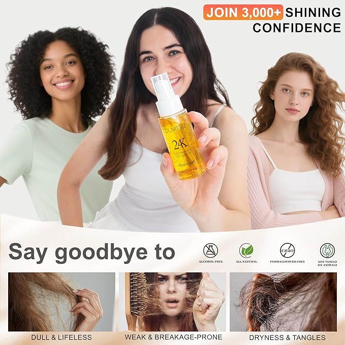24K Gold Hair Oil, Repair Shine Serum with Coconut, Argan & Olive Oils - Heat Protectant and Frizz Control - Vegan, Lightweight Leave-In Treatment for Dry Damaged Hair (2.02 Fl Oz (Pack of 1))-FemmiqueWomen