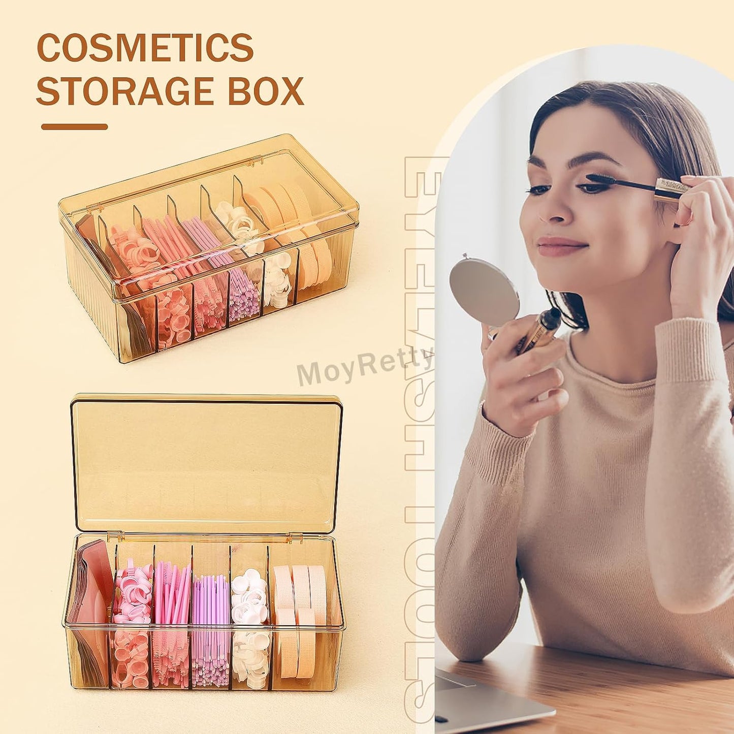 MoyRetty Acrylic Lash Extension Organizer, Large Capacity Eyelash Extension Supplies Storage Container Box, Neatly Store and Organize Your Lash Supplies (Amber)-FemmiqueWomen