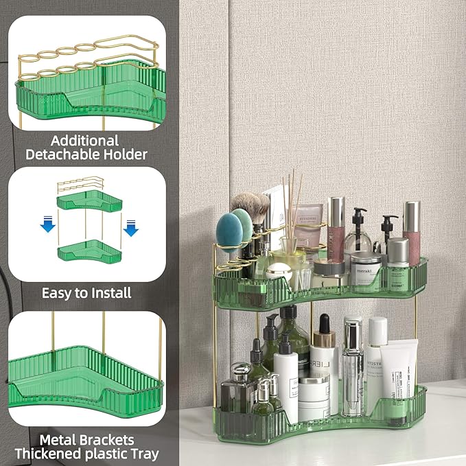 2 Tier Corner Bathroom Organizer Countertop, Vanity Makeup Organizer with Brush Holder, Space-Saving Skincare Storage Corner Shelf for Bathroom, Dressing Table, Kitchen-FemmiqueWomen