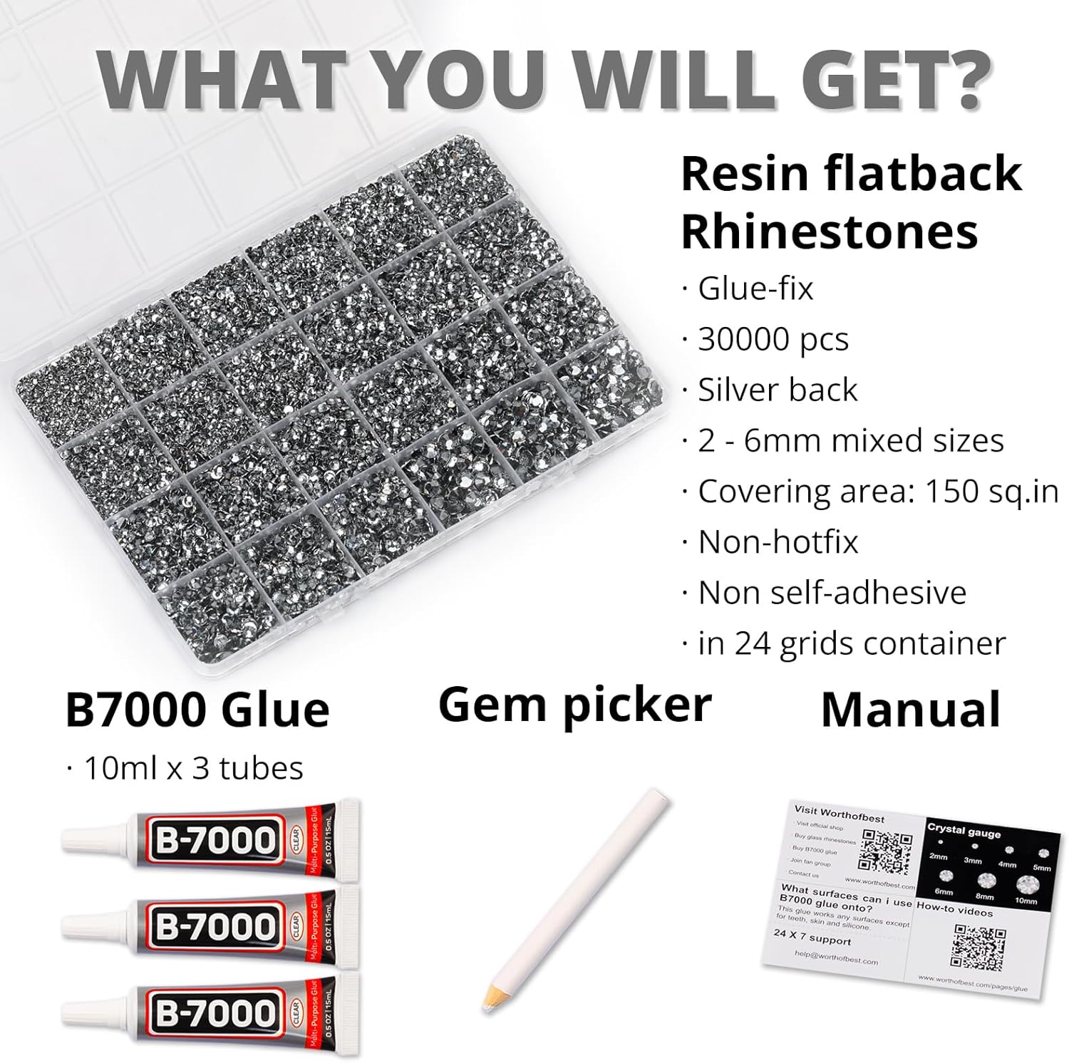 30000Pcs Resin Rhinestones Set for Crafting Bedazzling, Grey Flatback Gems Jewels for Crafts Clothes Shoes Fabric Outfit Nails Makeup, Gray Flat Back Crystal 2-6mm with b 7000 Glue-FemmiqueWomen