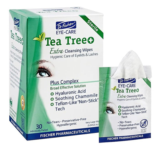 Dr. Fischer Tea Tree Oil Eye Wipes - Eyelid Wipes for Sensitive Eyes with Hyaluronic Acid and Chamomile, Makeup Remover, Daily Cleanser (30 wipes)-FemmiqueWomen